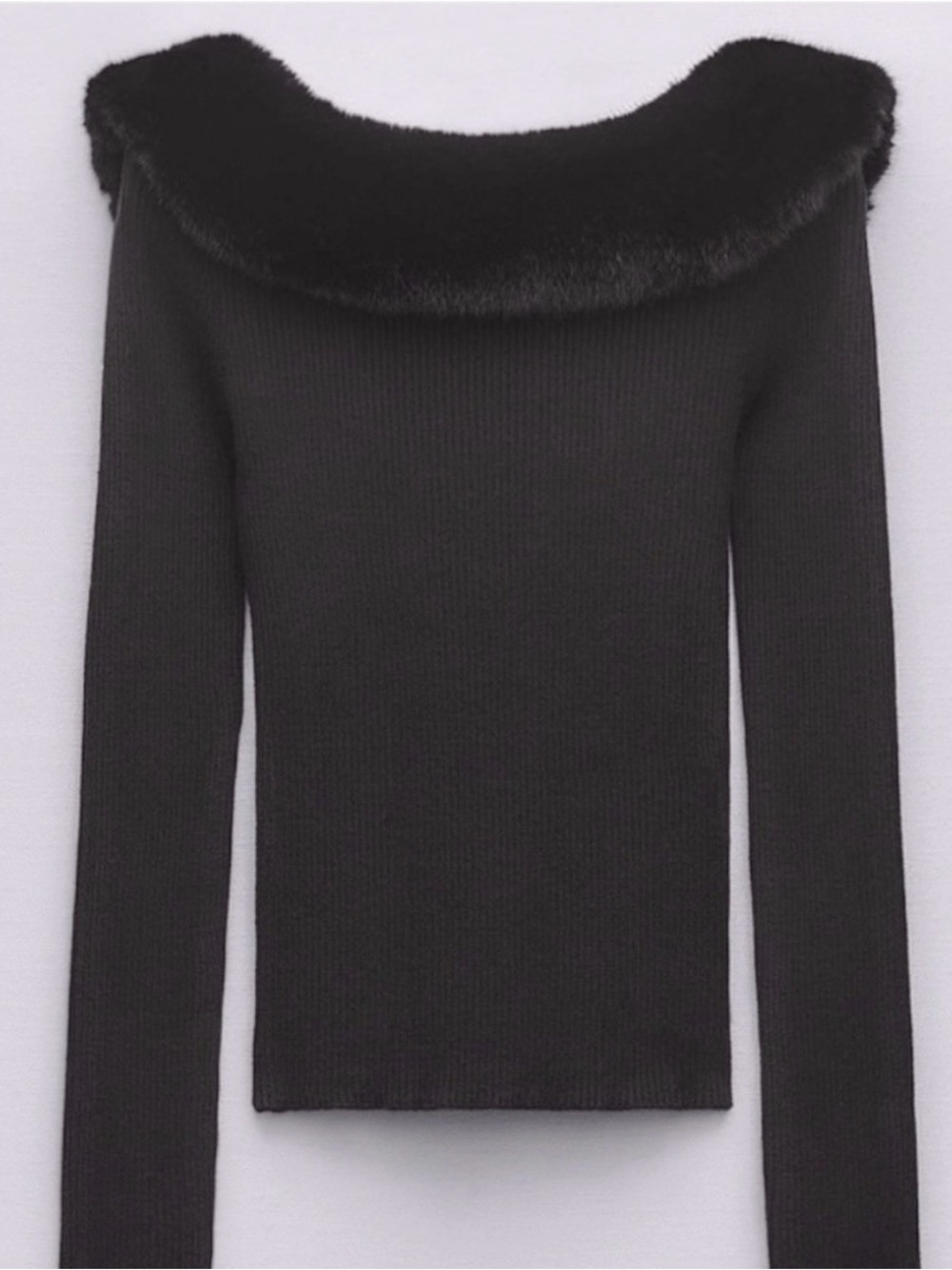Zara NWT Black Knit Top with Faux Fur Collar